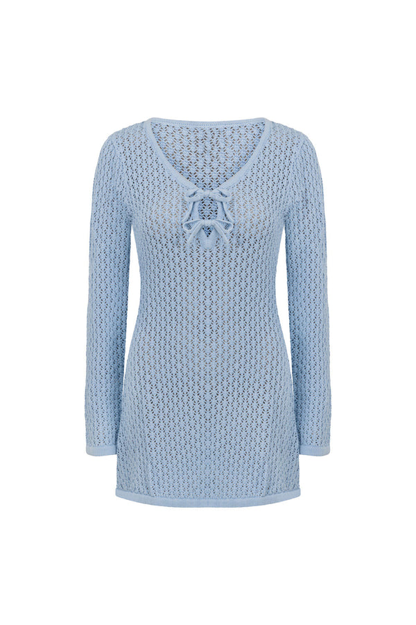 Nara Long Sleeve Mini Tie Knit Dress - Blue
