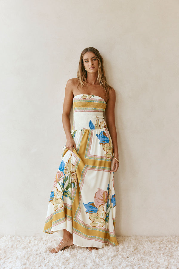 White and Yellow Botanique Strapless Maxi Fia Dress