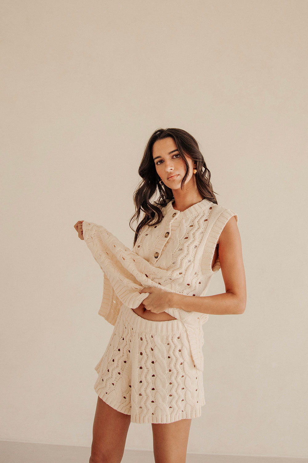 Cream Cable Knit High Waist Elastic Jenna Shorts