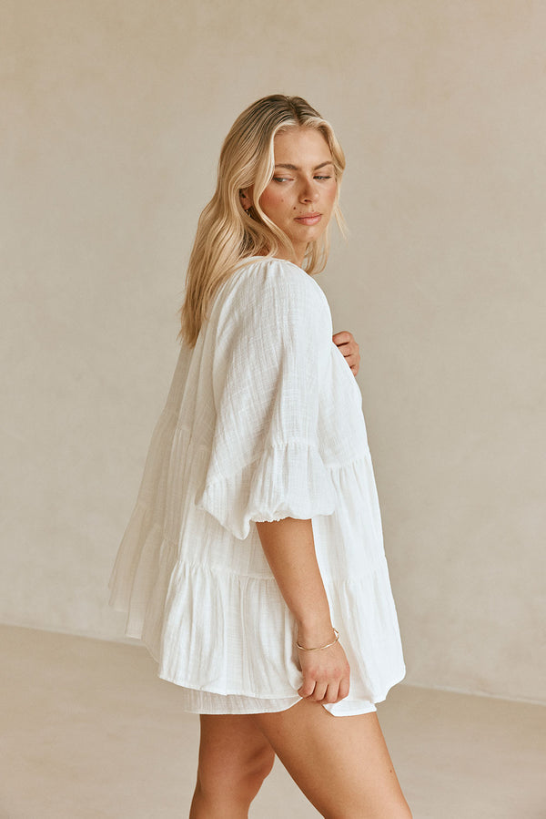 Novalie Flounce Button Top - White