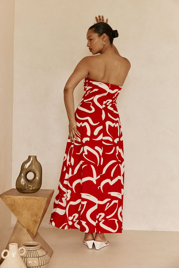 Red Fila Rogue Floral Print Strapless Maxi Liberty Dress