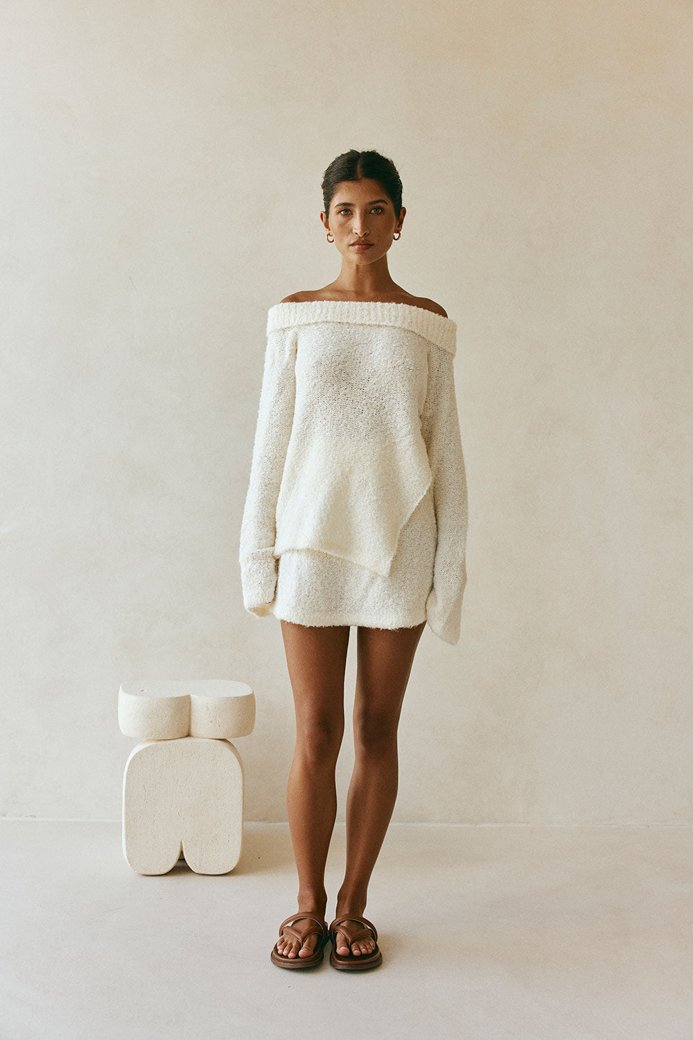 Cream Knit High Waist Folded Mini Alena Skirt