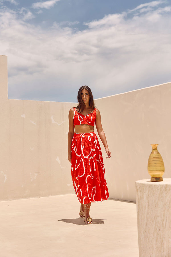 Evoke Red Wrap Pleated Split Midi Dien Wrap Skirt