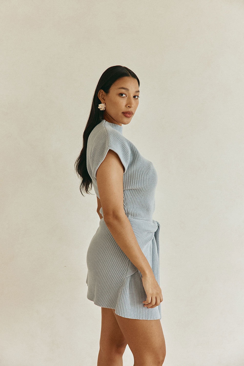 Blue Cotton Knit Draped Mini Lovina Dress