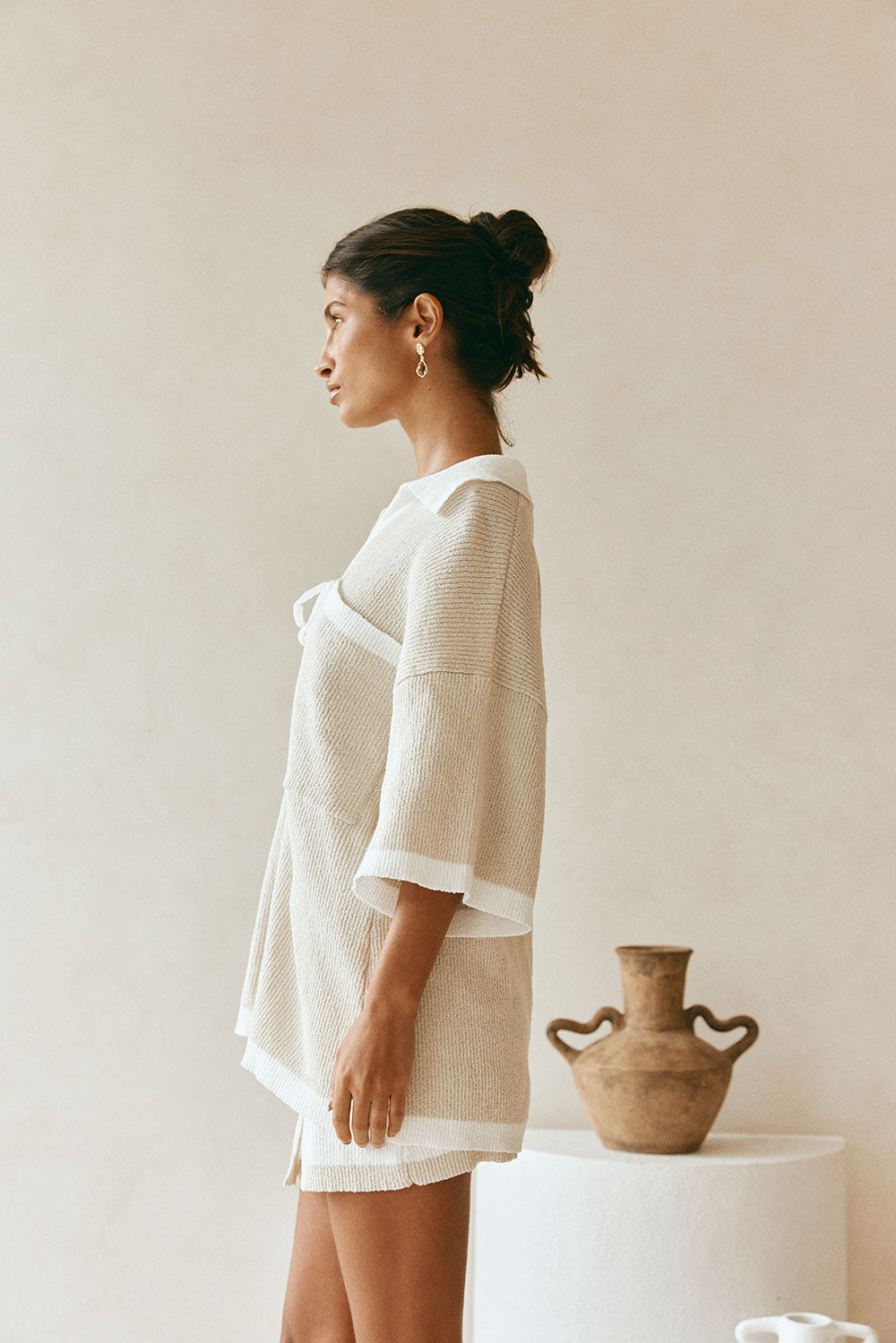 Beige Short sleeve Collar Tie Jess Top