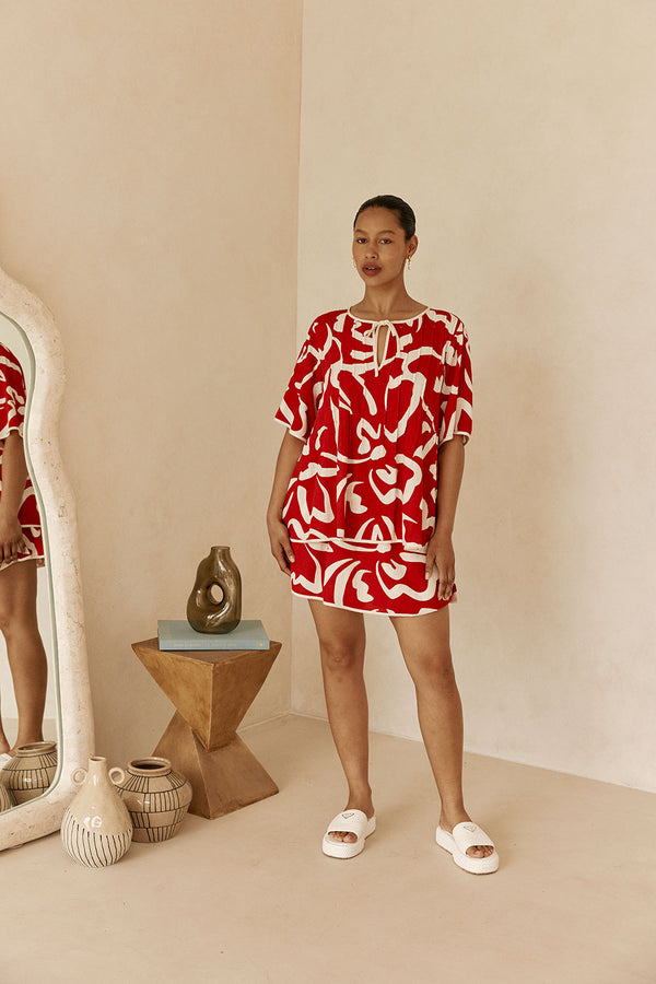 Red Fila Rouge Floral Print Button Up Rayne Top