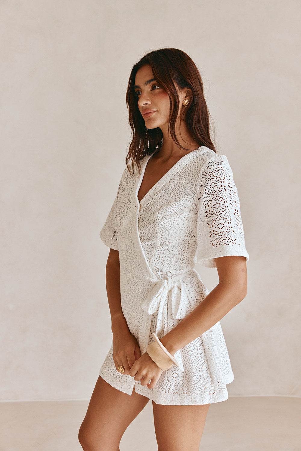 White Short Sleeve Wrap Mini Eliza Dress