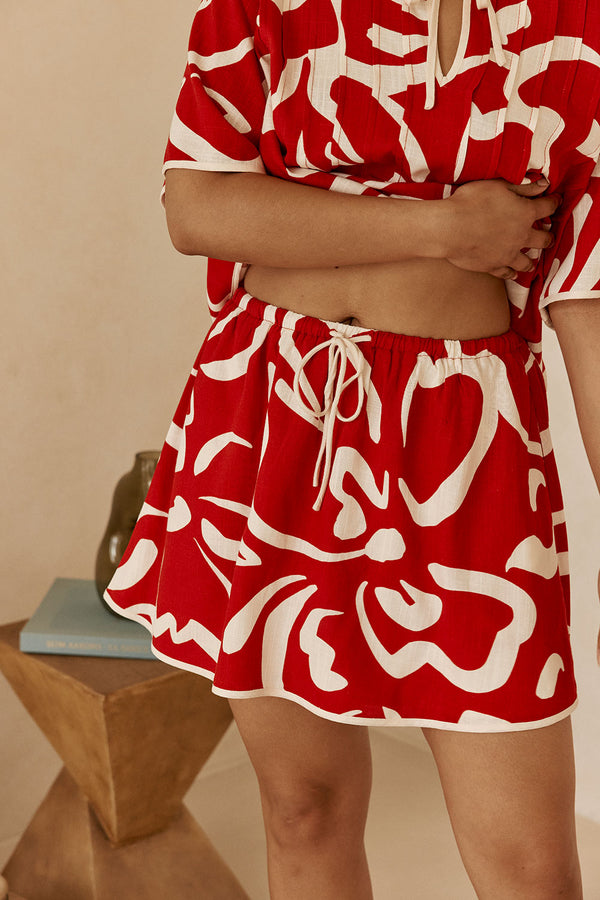 Red Fila Rouge Floral Print Drawstring Skirt