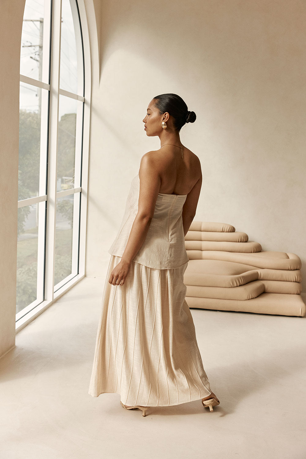 Beige Boxy Pleated Maxi Aviana Dress