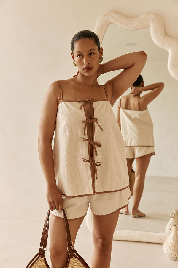 Beige Strappy Front Tie Rosalina Top