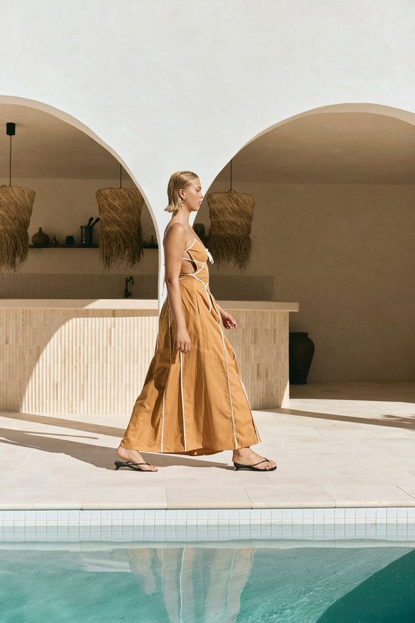 Tan Panel Flouncy Maxi Avala Dress
