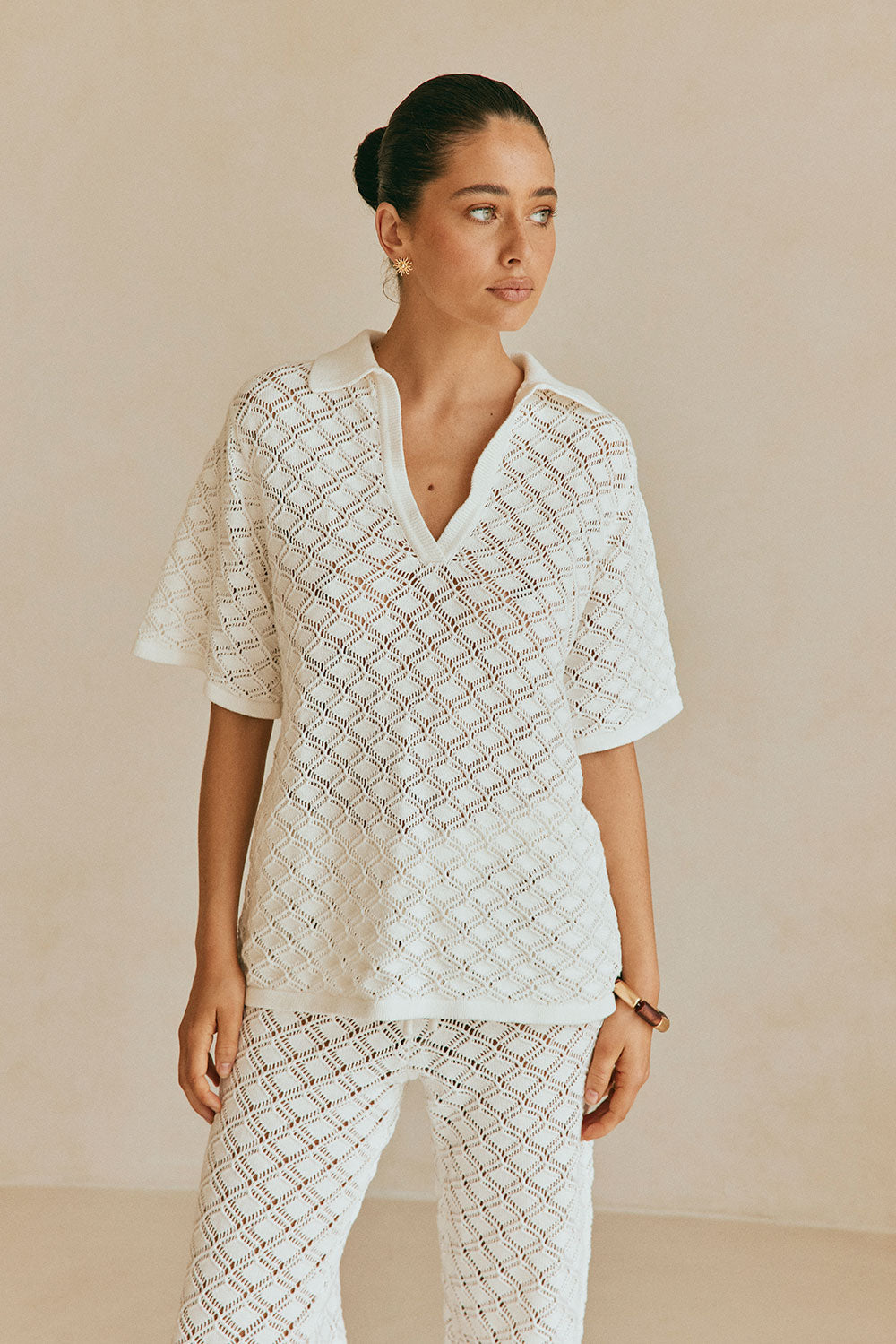 White Knit V Neck Collar Short Sleeve Aya Top