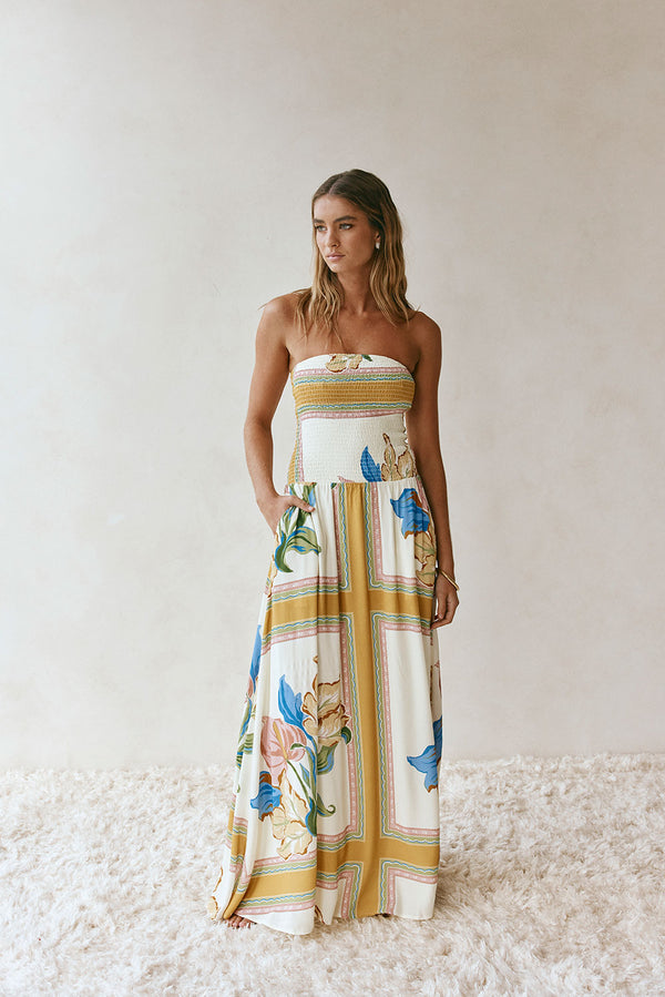 White and Yellow Botanique Strapless Maxi Fia Dress