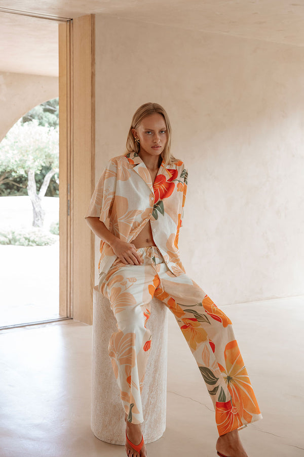 Chey Elasticated Tie Pants - Petal Scarf, Pink, White, Orange