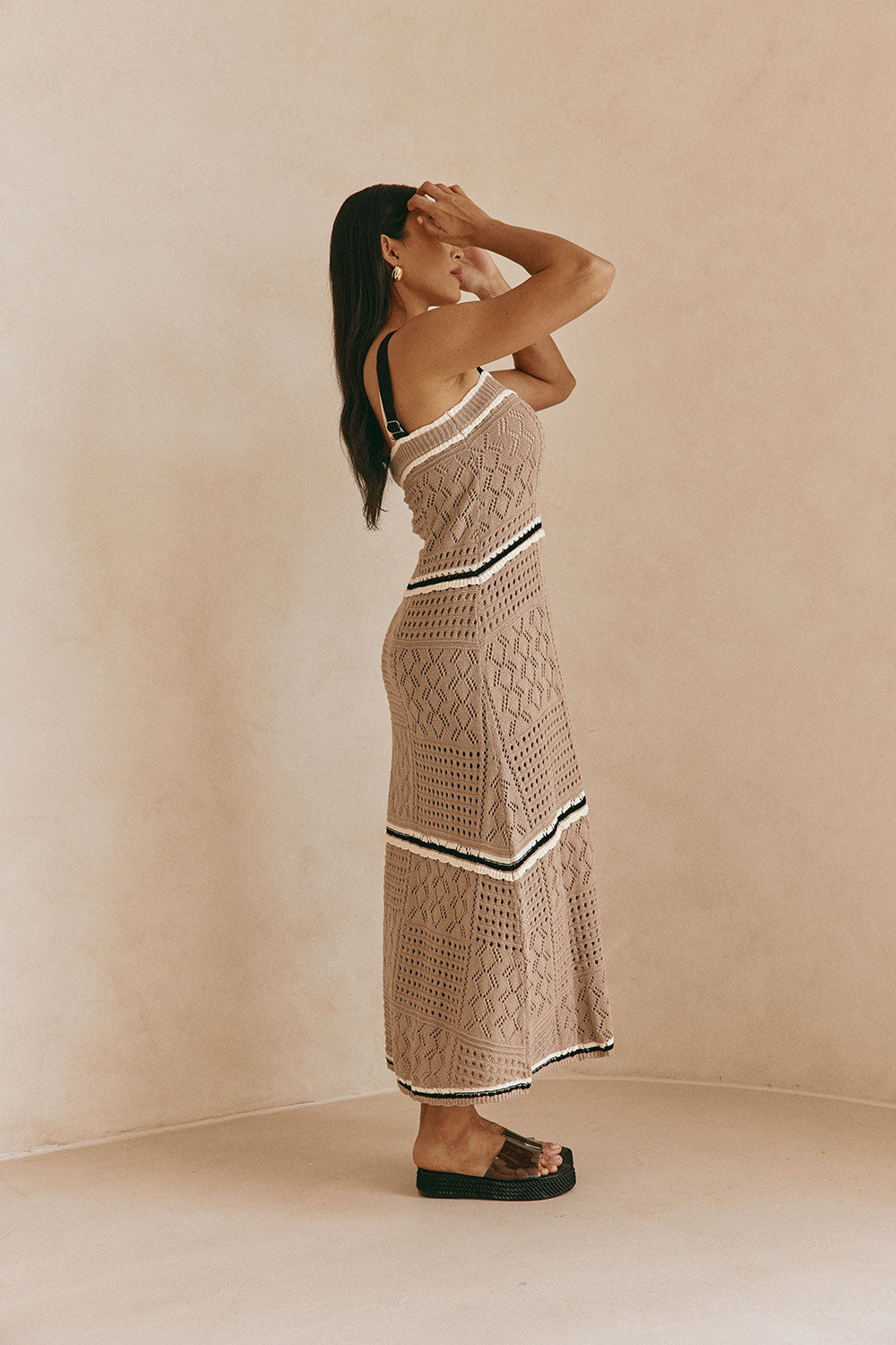 Tan Crochet Knit A Line Maxi Aliana Dress