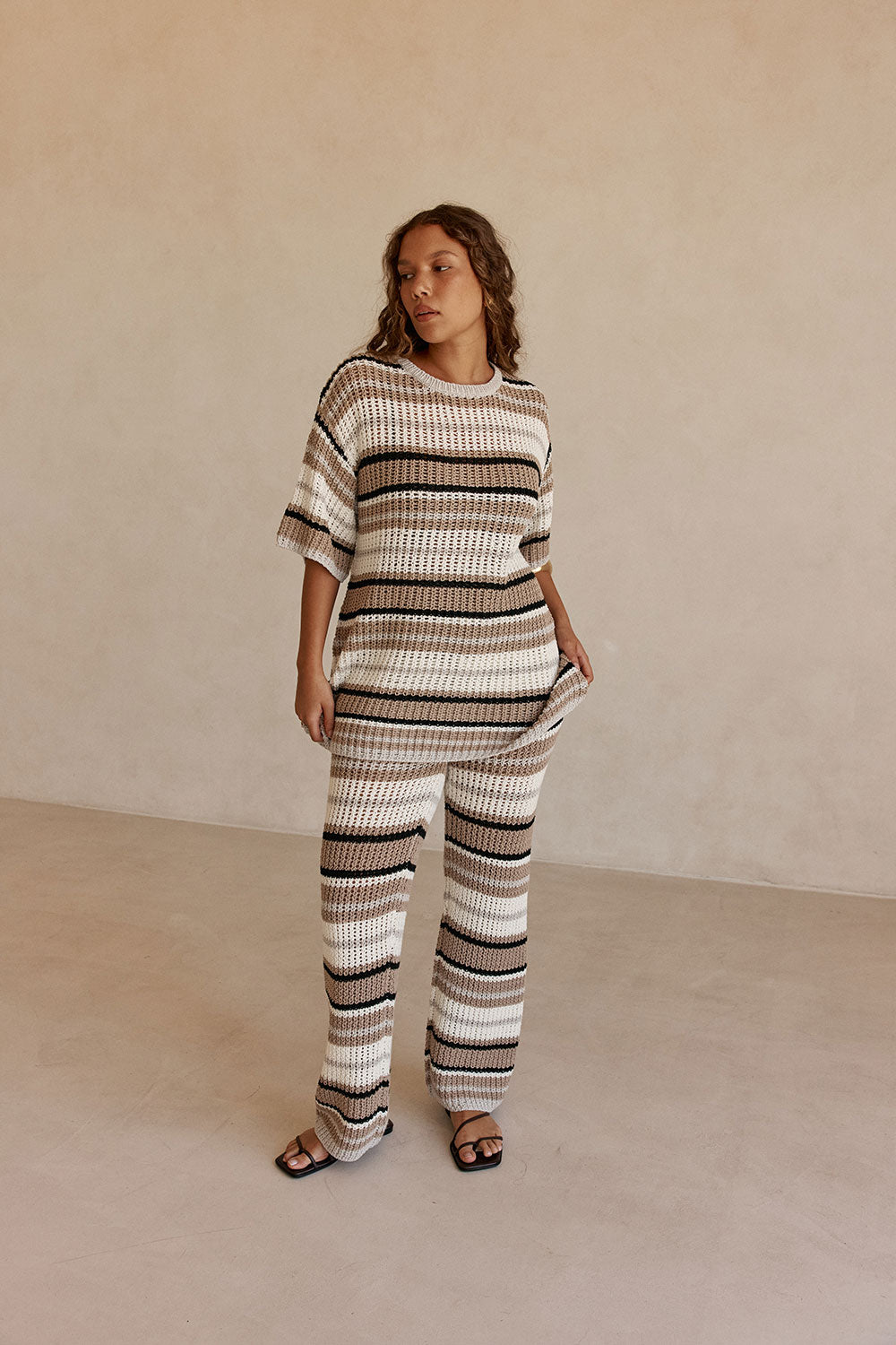 Tan and White Stripe Knit Java Top