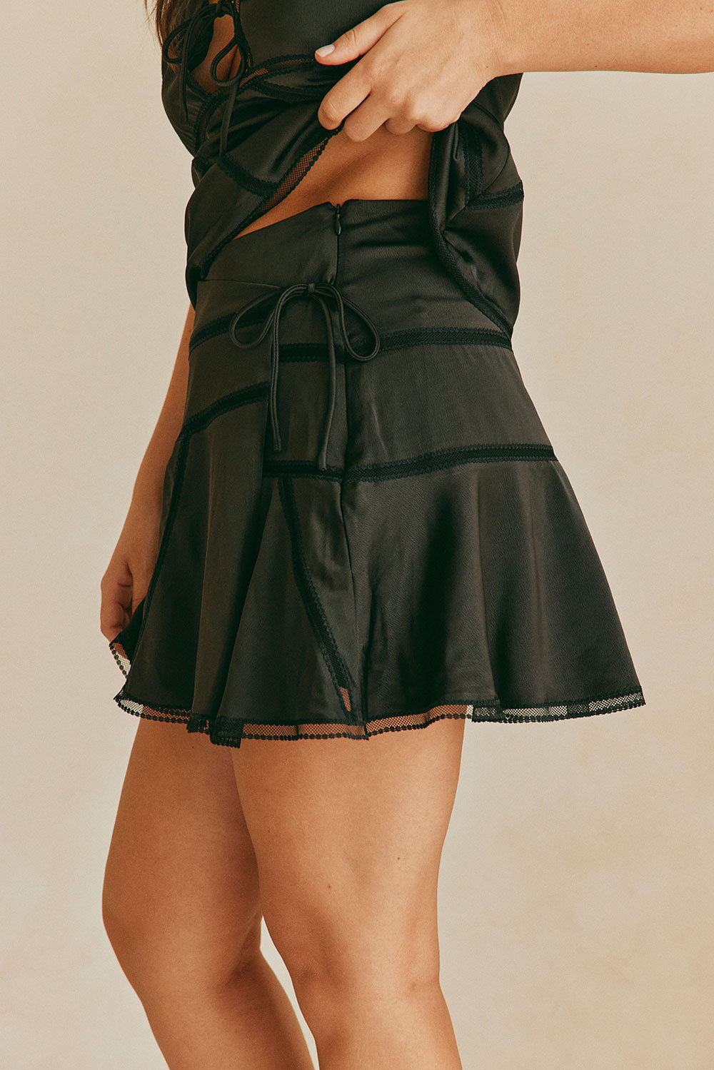 Black Silky Drawstring Mini Sable Skirt