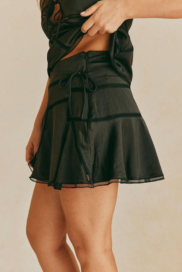 Black Silky Drawstring Mini Sable Skirt