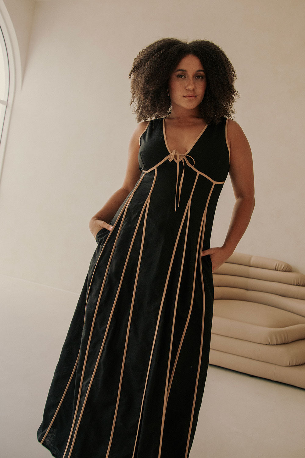 Black V Neck Tie Maxi Maylin Dress