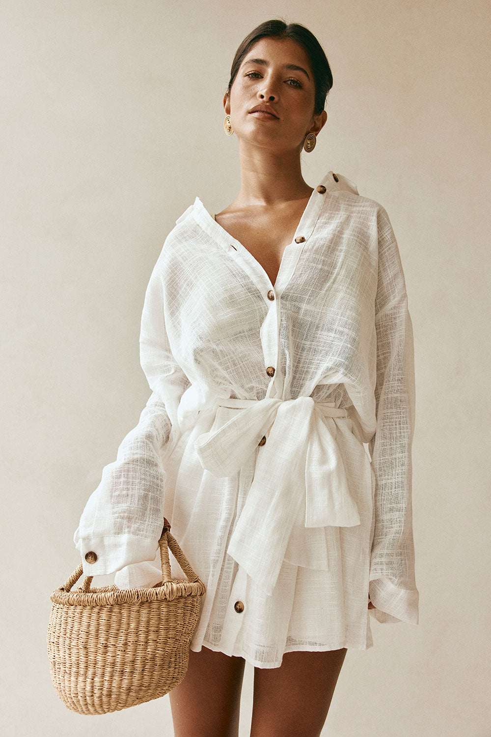 White Long Sleeve Button Collar Orazio Dress