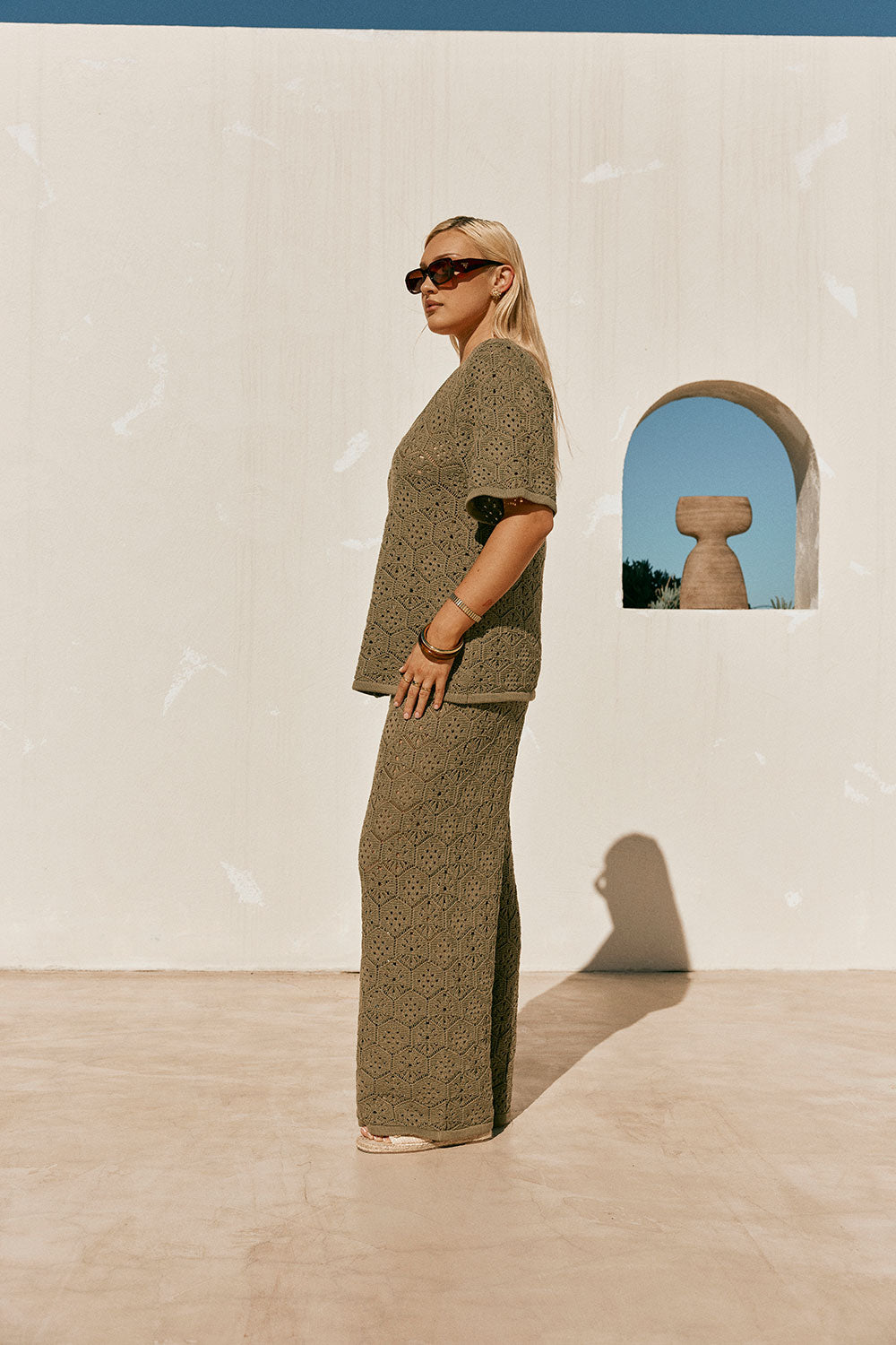 Khaki Green Crochet Knit Button Up Umiko Top