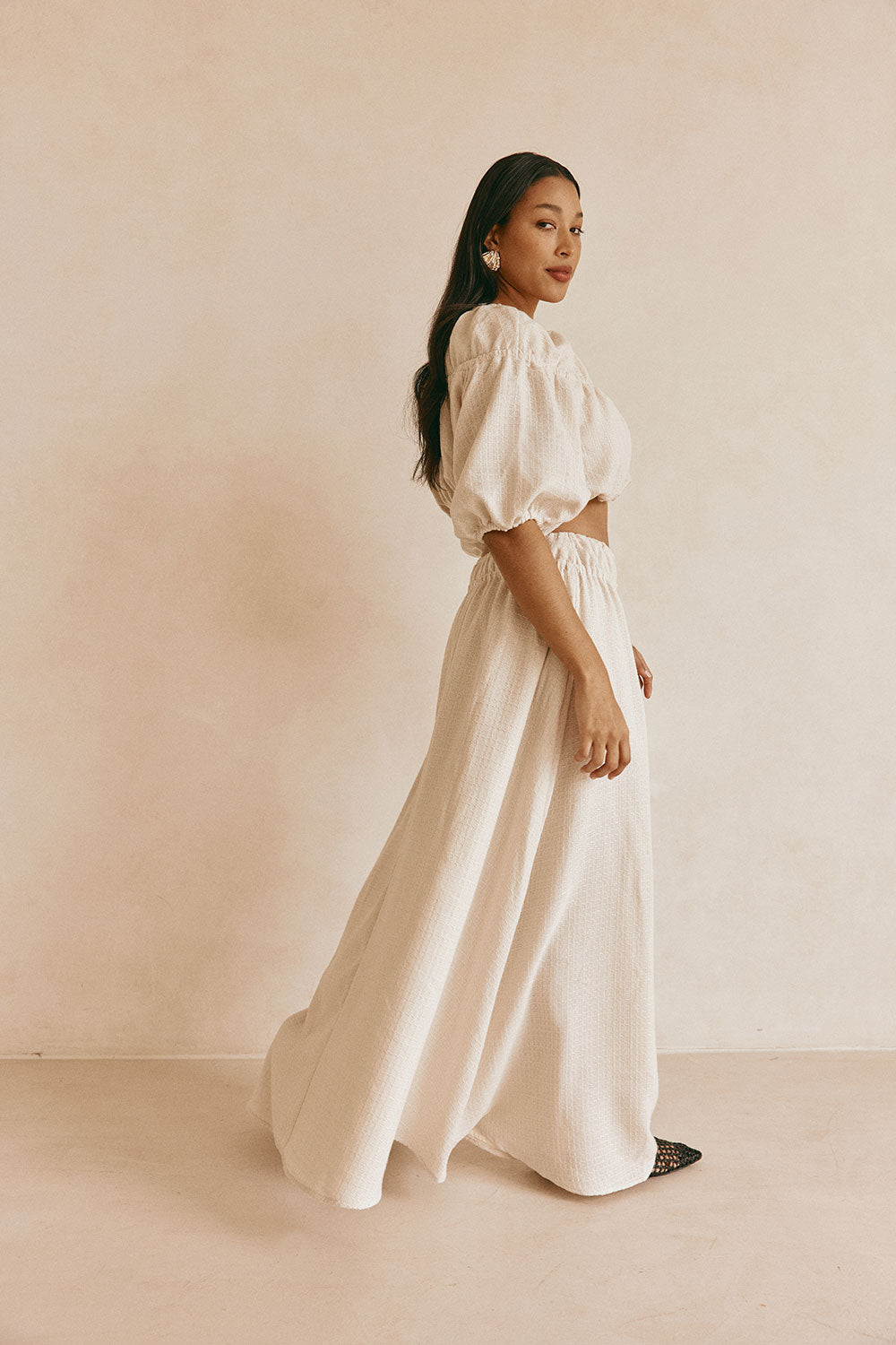 Beige Ruched A Line Maxi Astra Skirt