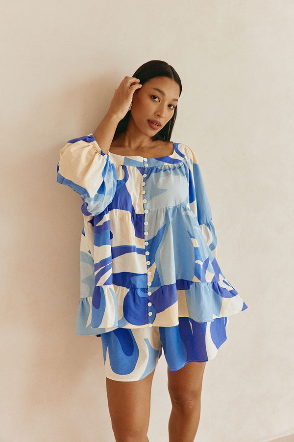 Valley Blue Print Puff Sleeve Button Elara Top