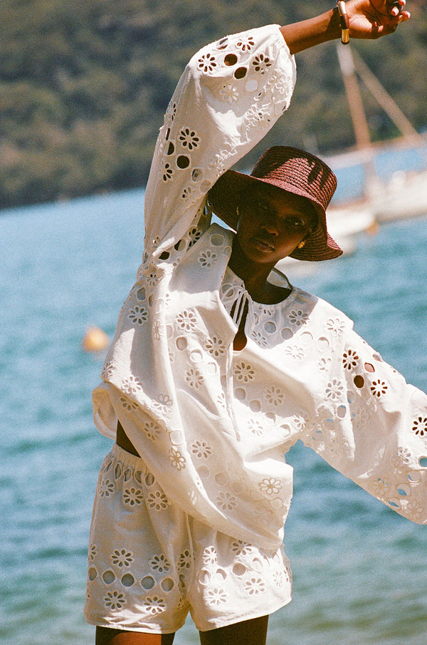 White Embroidered Drawstring Paras Shorts