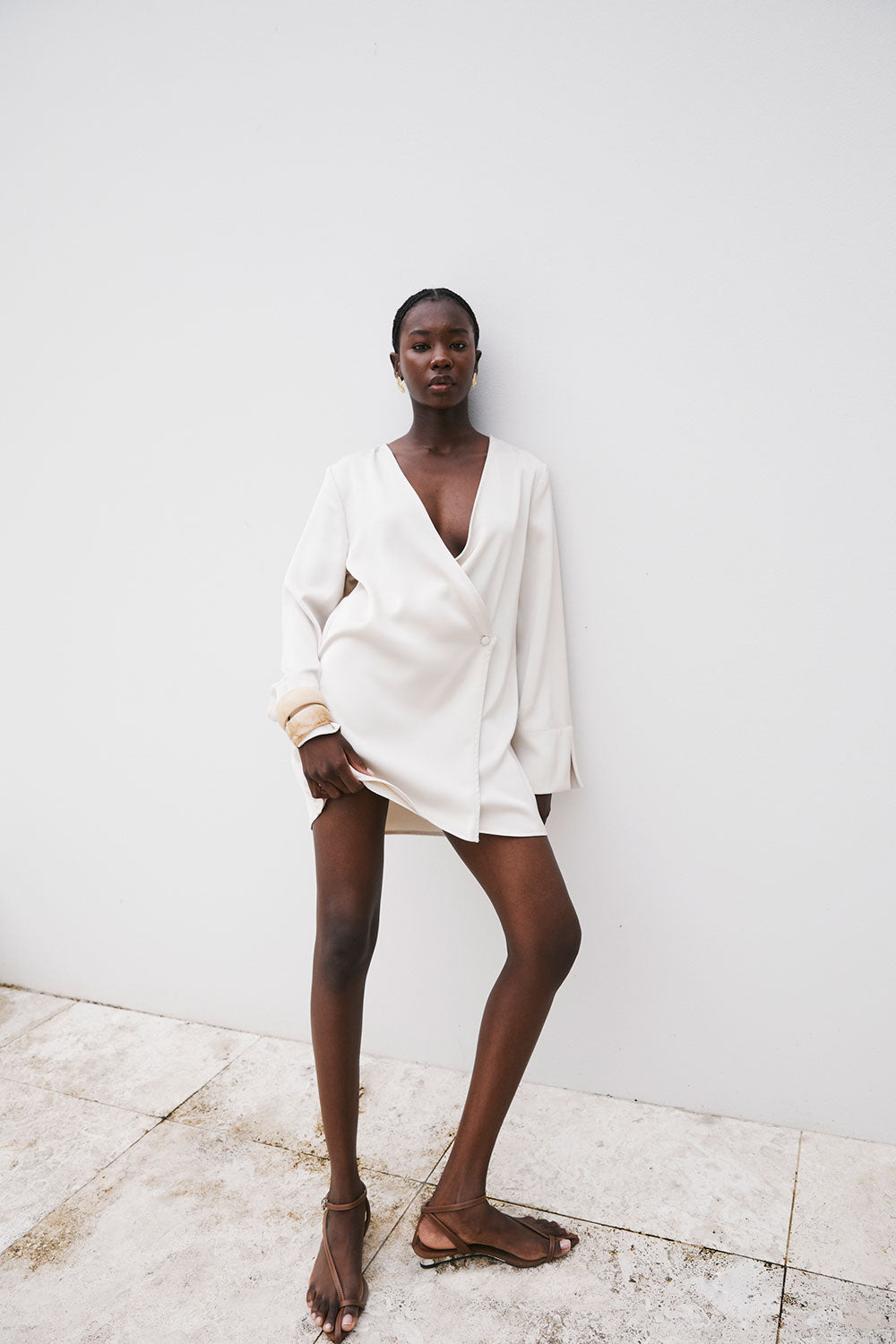 Beige Long Sleeve Mini Wrap Asoka Dress