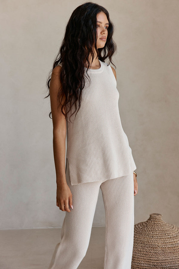 Beige Cotton Knit Round Neck Maxine Tank Top
