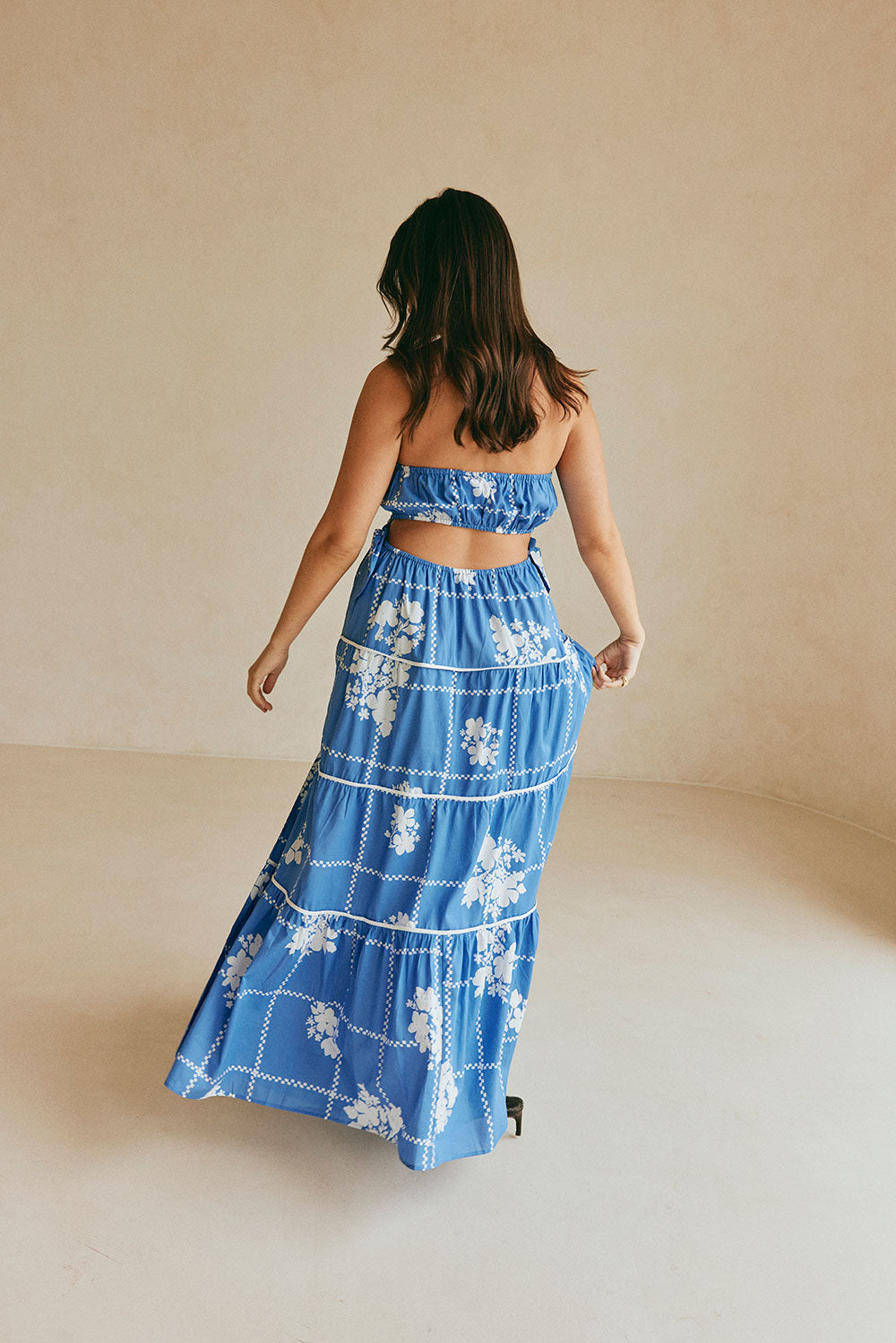 Lili Strapless Cutout Tie Maxi Dress - Postcard, Blue & White Check Flowers