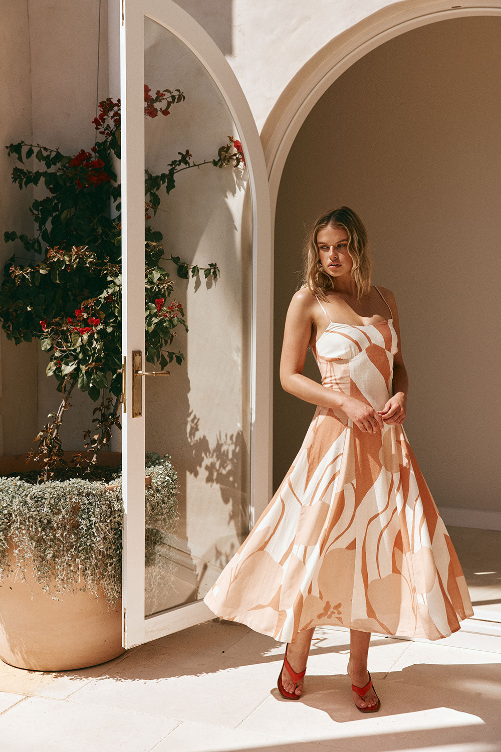 Peach Solanto Print Strappy Maxi Seme Dress