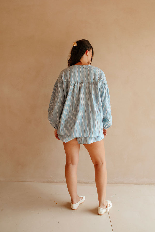 Blue Long Sleeve Round Neck Tie Mina Top