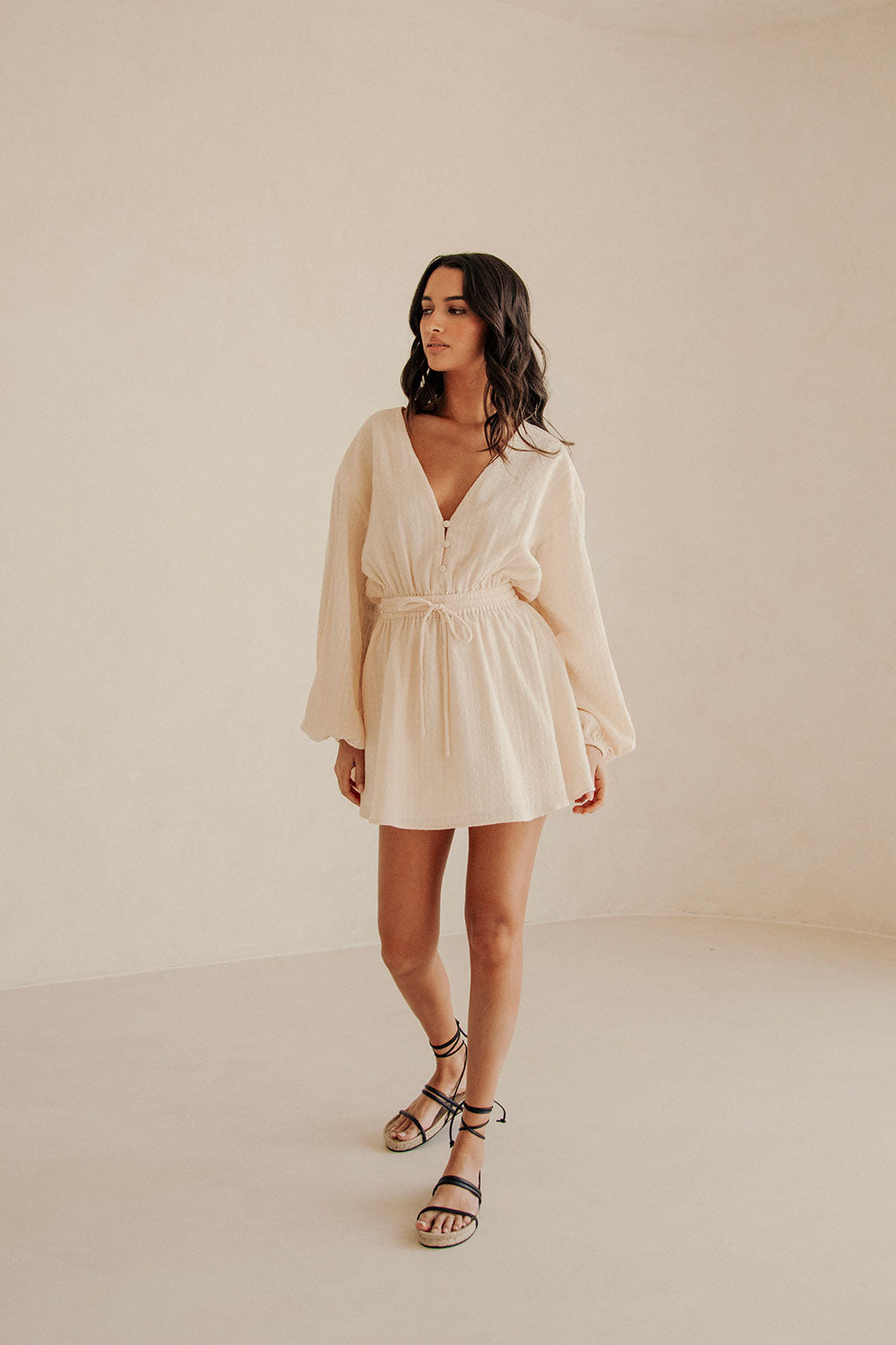 Cream Long Sleeve V Neck Mini Anisha Dress