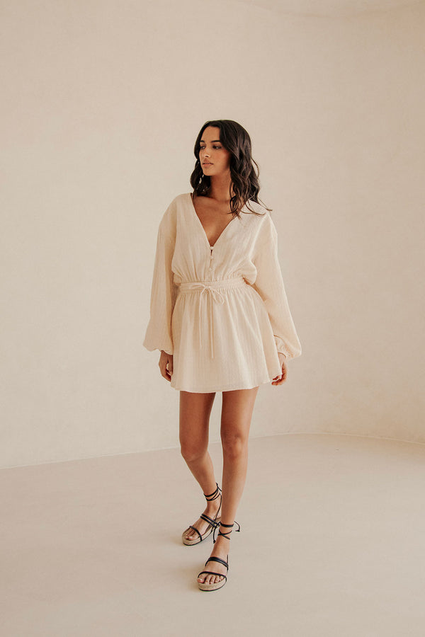 Cream Long Sleeve V Neck Mini Anisha Dress