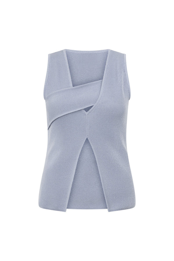 Blue Knit Asymmetric Split Bridget Top