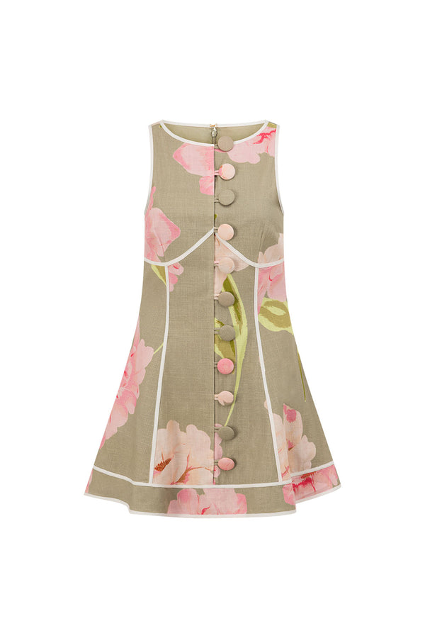 Fiori Green Floral Print Button Mini Amora Dress