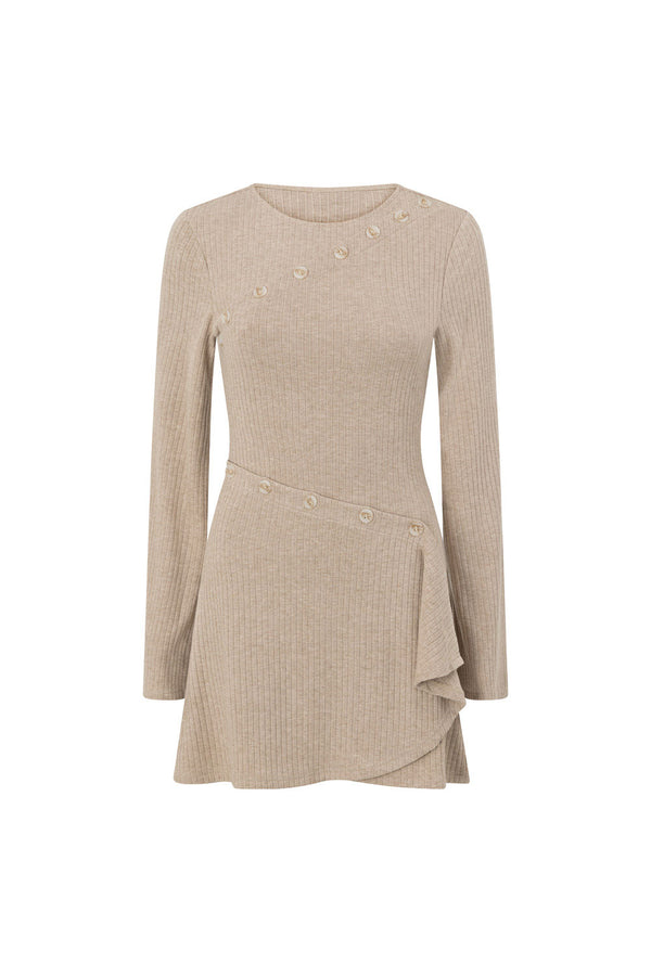 Tan Ribbed Long Sleeve Button Mini Alexia Dress
