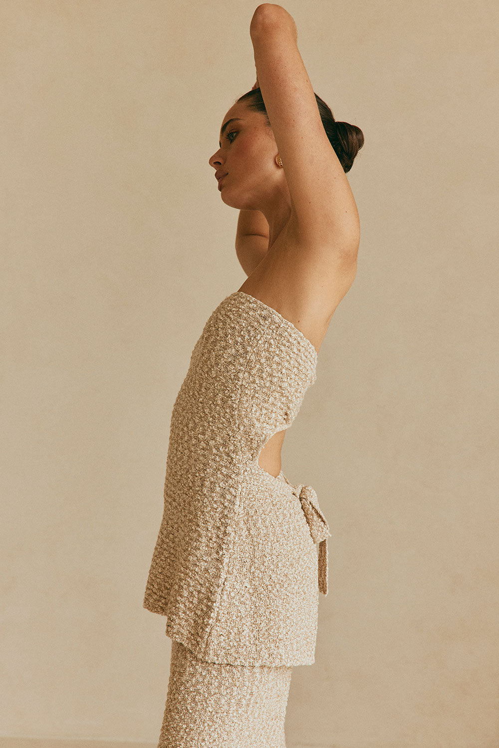 Brown and White Knit Strapless Backless Soha Top