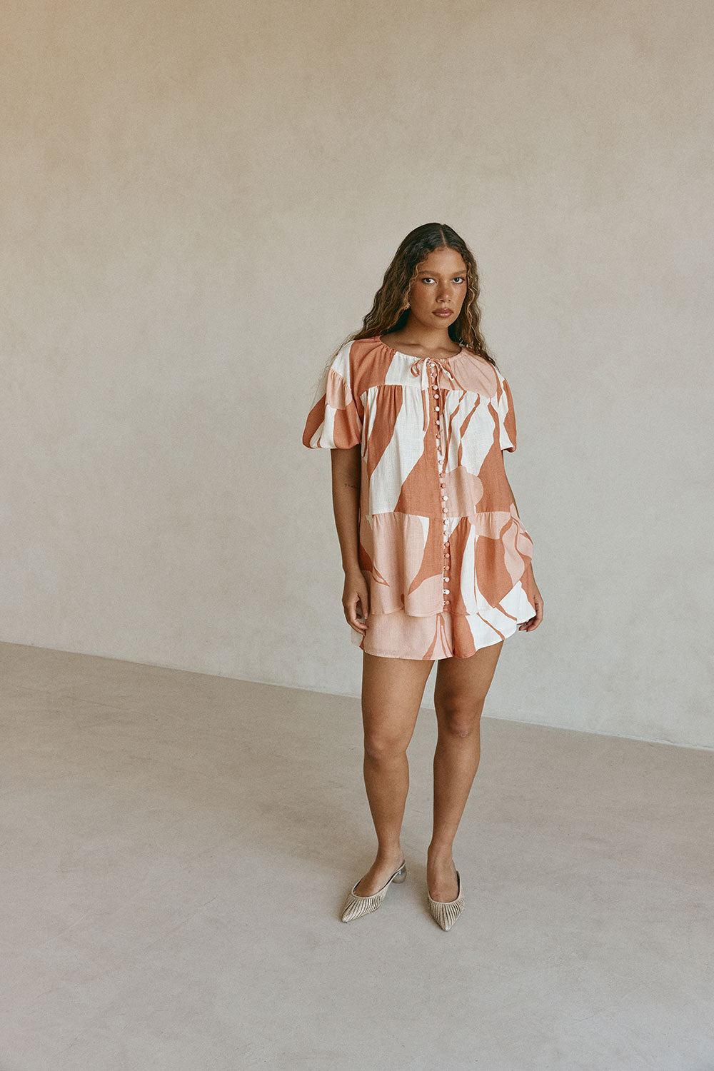 Peach Solanto Print Button Puff Sleeve Ales Top