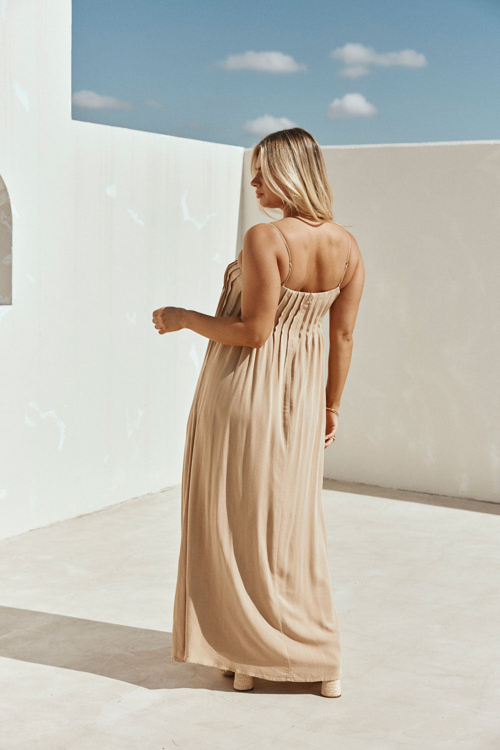 Tan Pin Tuck Pleat Maxi Ada Dress