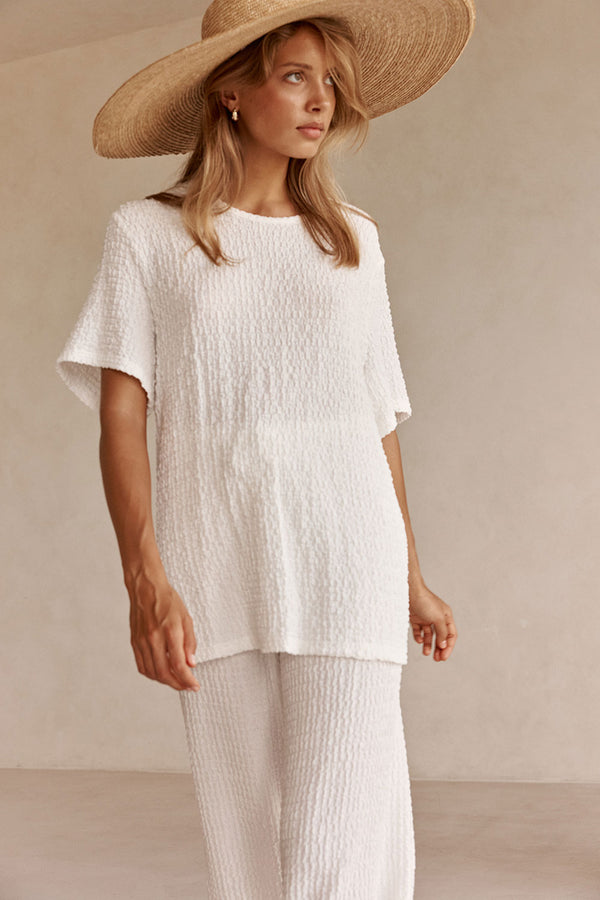 White Textured Boxy Adora T Shirt Top