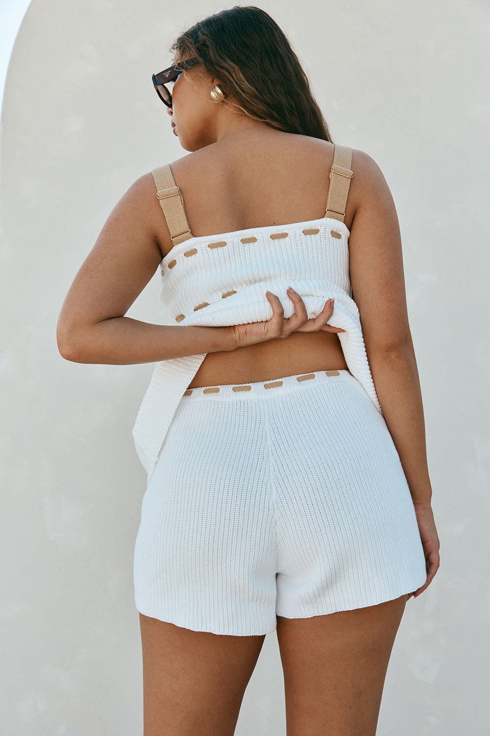 White Ribbed High Waist Tie Indigo Shorts