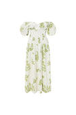 Leesa Puff Sleeve Midi Corset Dress - Floral Print White, Green