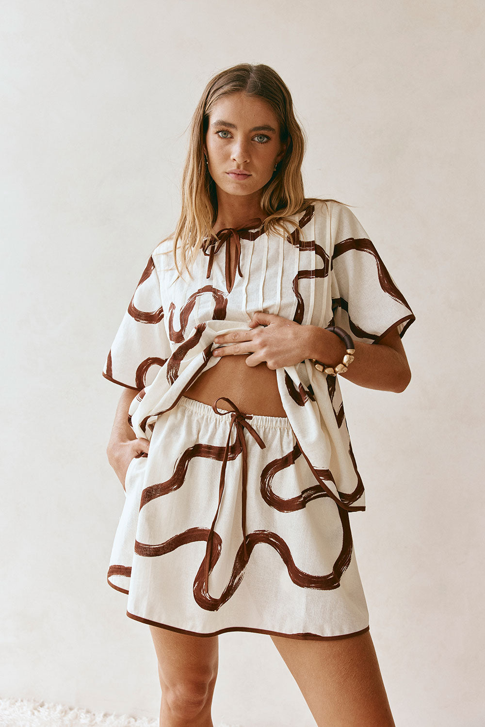 Cream Marbled Mocha Floral Elastic Drawstring Rayne Skirt