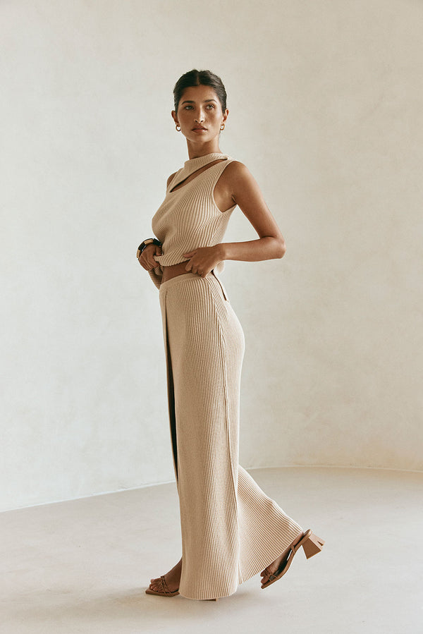 Tan Knit High Waist Split Wrap Maxi Indie Skirt