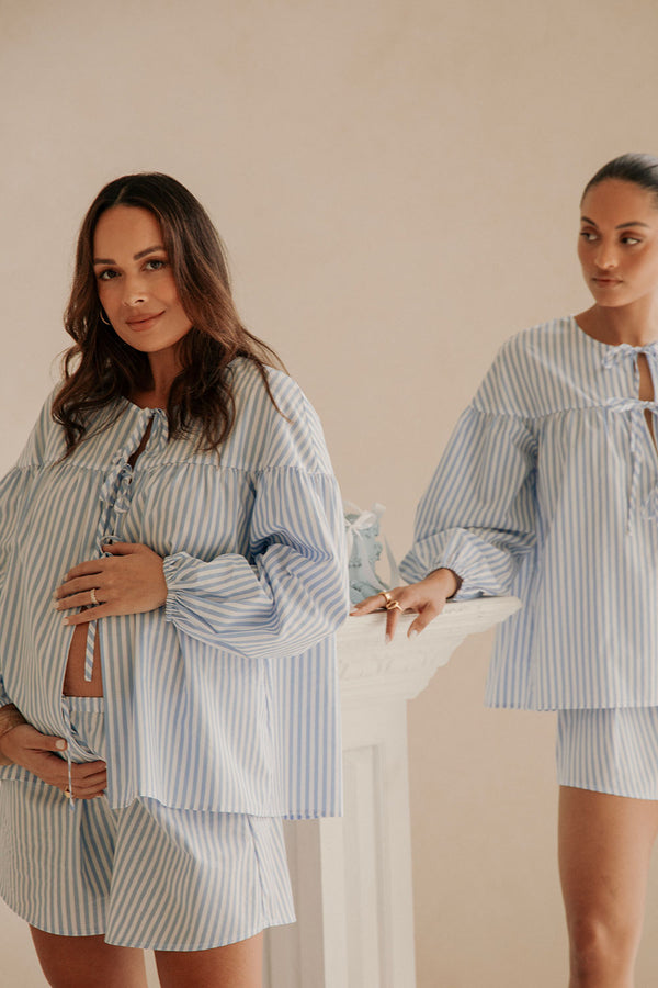 Blue And White Stripe Drawstring Pennie Shorts