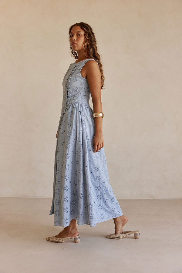 Blue Broderie Button Maxi Odessa Dress