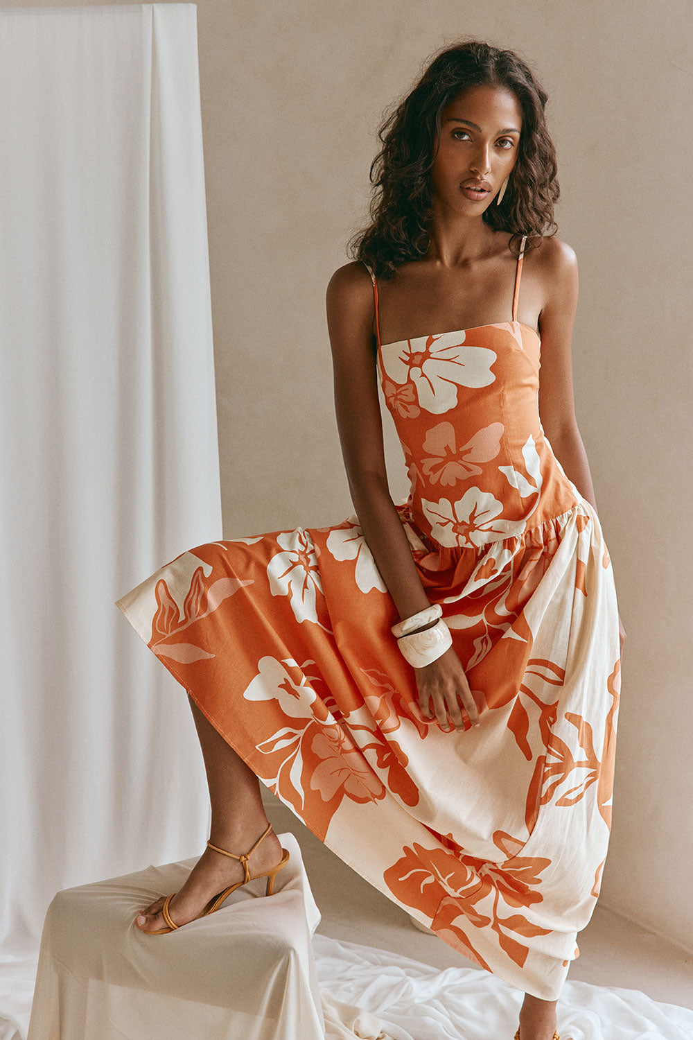 Orange Sunset Botanica Floral Print Linen Maxi Samia Dress SABO Orange Sunset Botanica Floral Print Linen Maxi Samia Dress SABO
