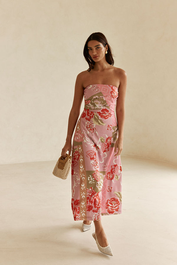Pink Botanic Patch Floral Strapless Maxi Liberty Dress